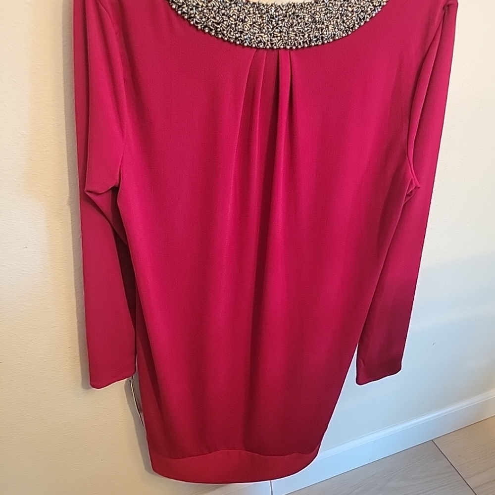 NEW Daisy Fuentes Red Beaded Neckline L/Sleeve  Holiday Dress Sz L